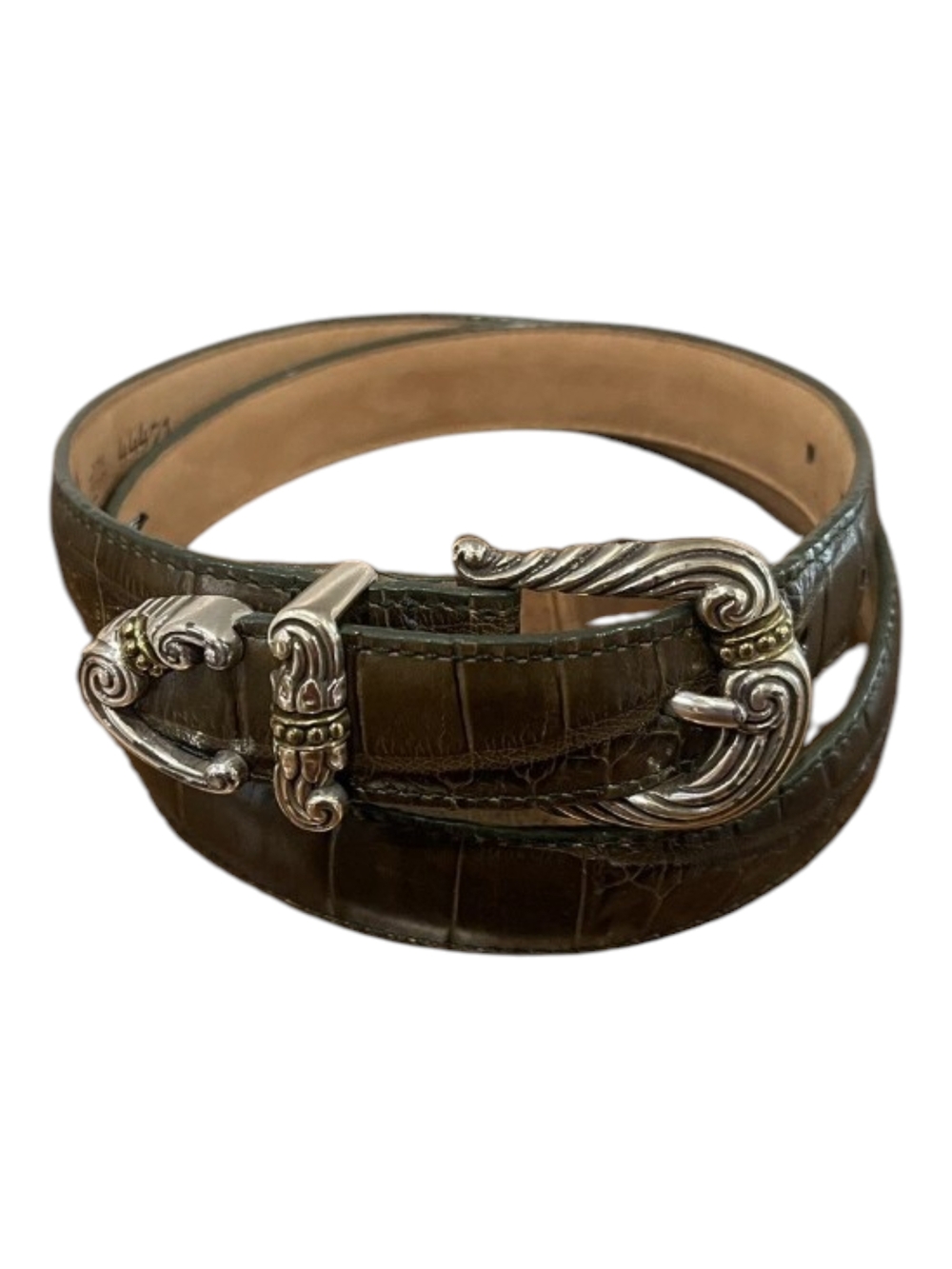 Brighton Vintage Dark Green Faux Croc-Embossed Leather Belt with Silver Buckle